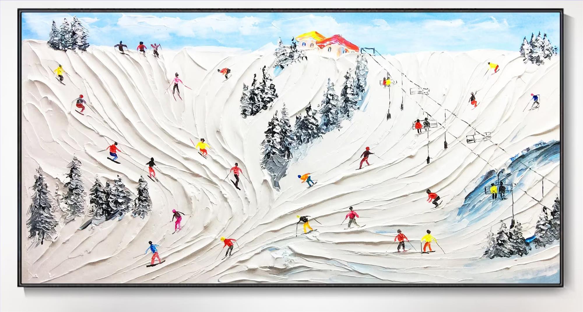 Skier on Snowy Mountain Wall Art Sport White Snow Skiing Room Decor by Knife 15 texture Oil Paintings